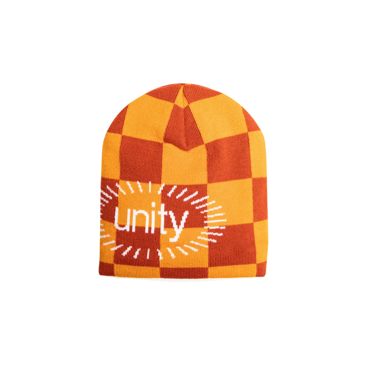 Back of an orange and red checkerboard knitted beanie with white lettering