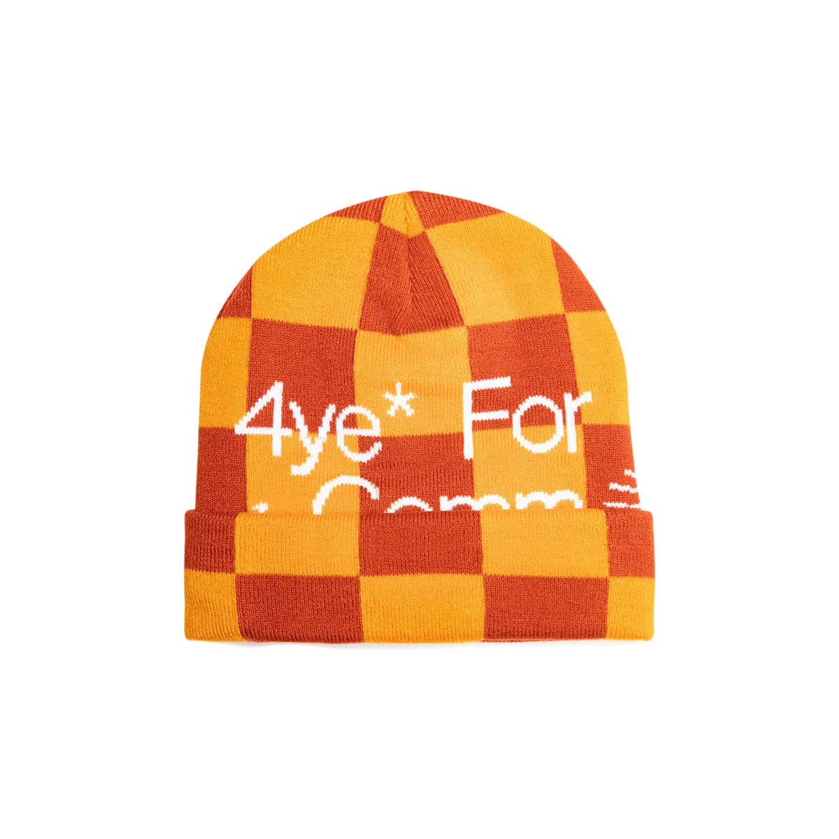 Front of an orange and red checkerboard knitted beanie with white lettering
