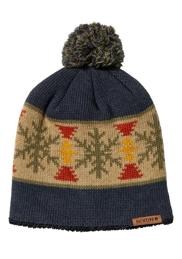 Navy patterned pom-pom beanie shown flat from the front