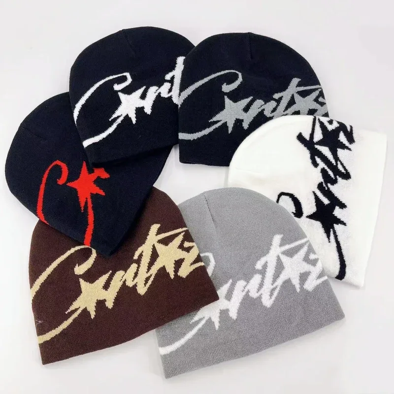 Assorted graphic knit beanies with contrasting script lettering