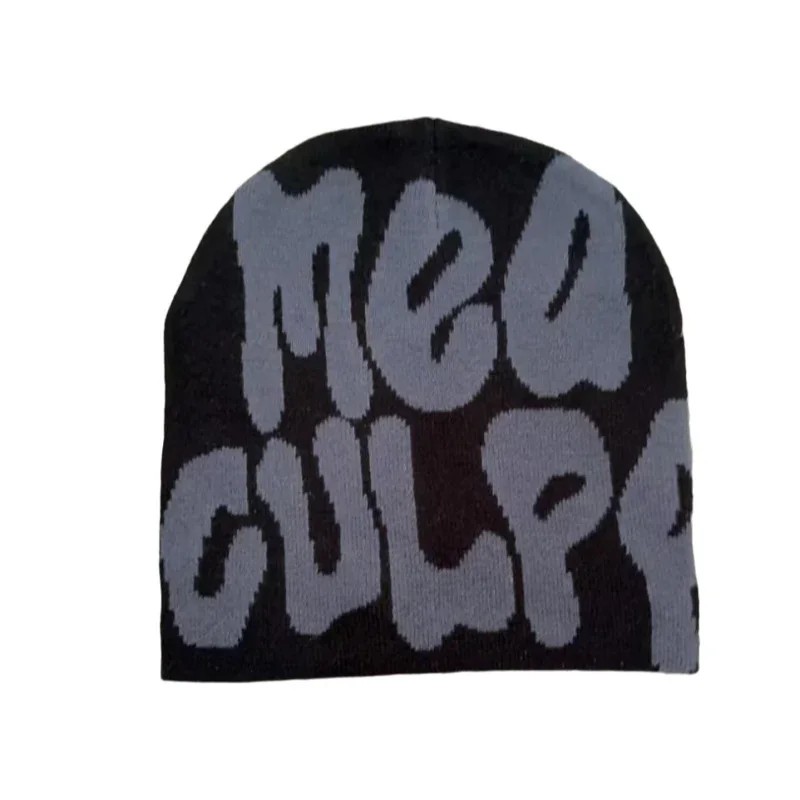Black knit beanie with oversized grey rounded lettering