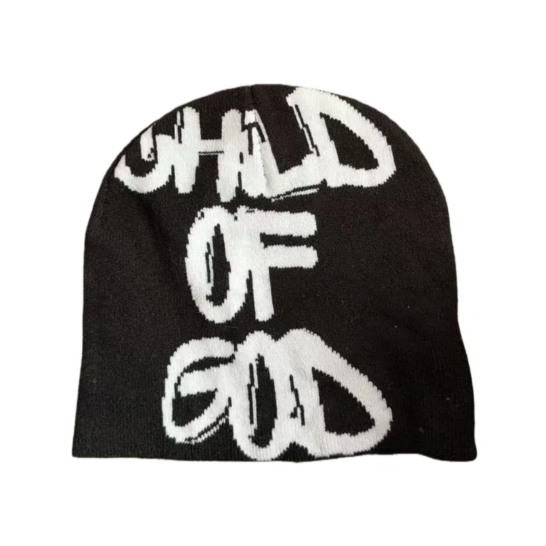 Black knitted beanie with contrasting white lettering