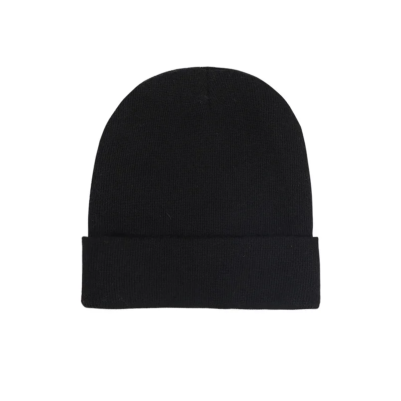 Plain black folded-cuff knit hat