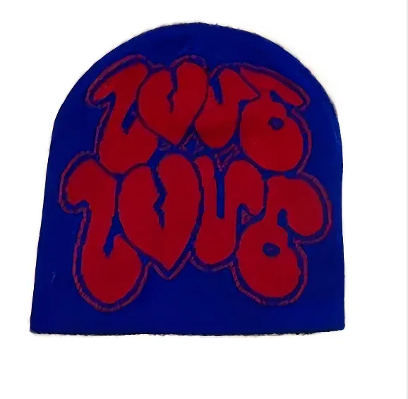 Blue knit beanie with large red rounded lettering