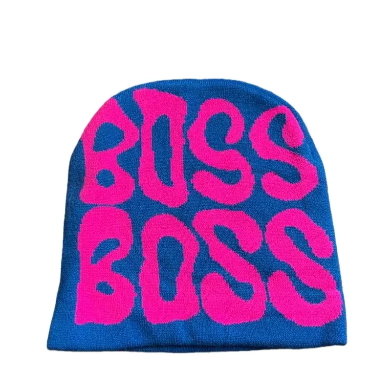 Blue knit beanie with oversized pink lettering