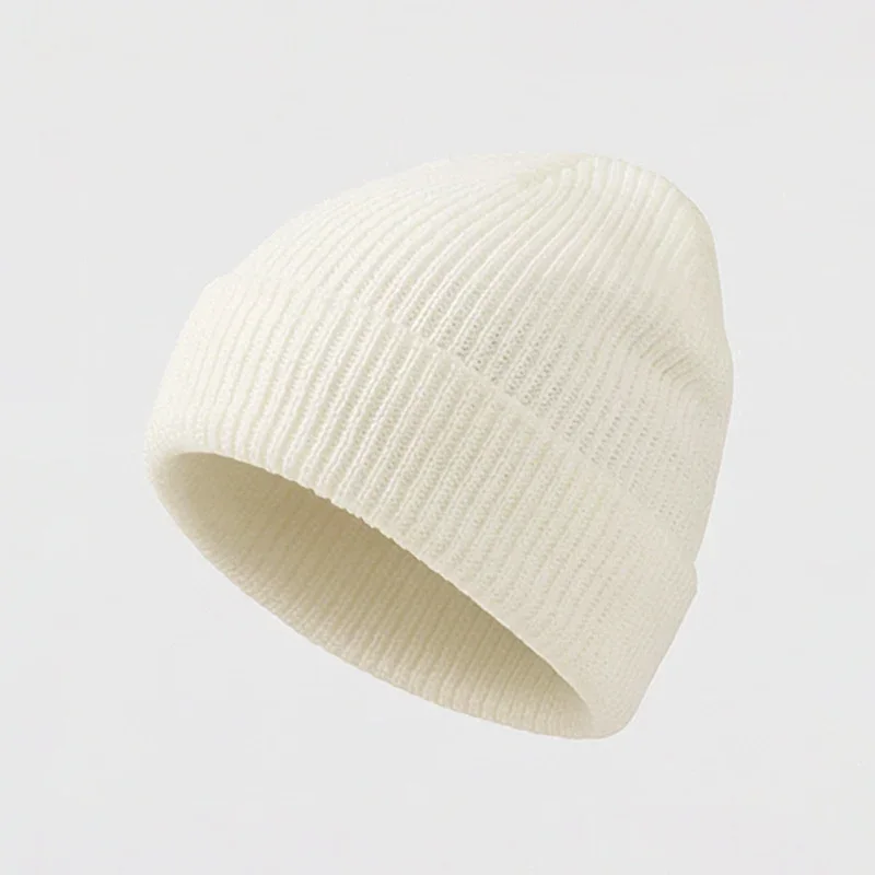 Cream plain rib knit beanie with a folded cuff