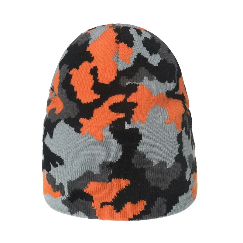 Grey and black camouflage knit beanie with orange accents