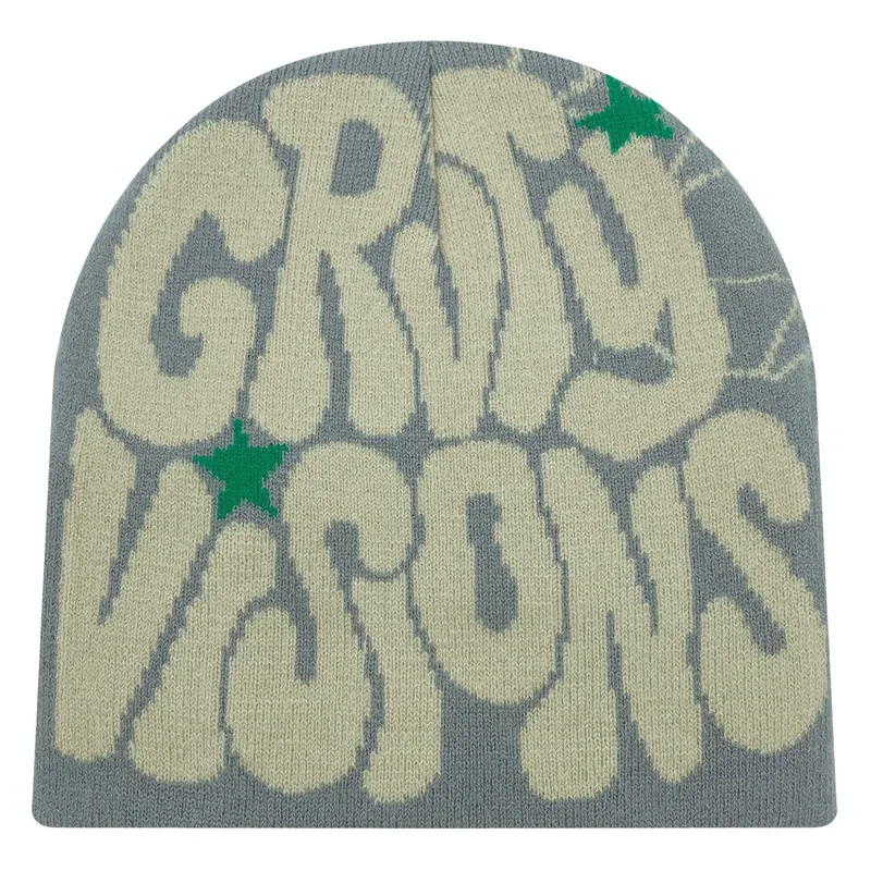 Grey green knit beanie with cream rounded lettering