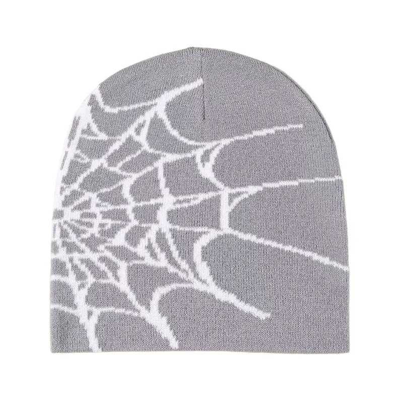 Grey knit beanie with a white spiderweb motif