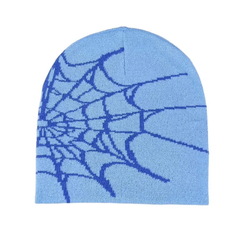 Light blue knit beanie with a blue spiderweb motif
