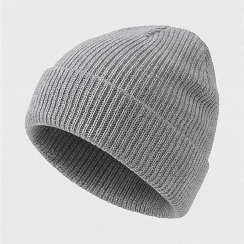 Light grey plain rib knit beanie with a folded cuff