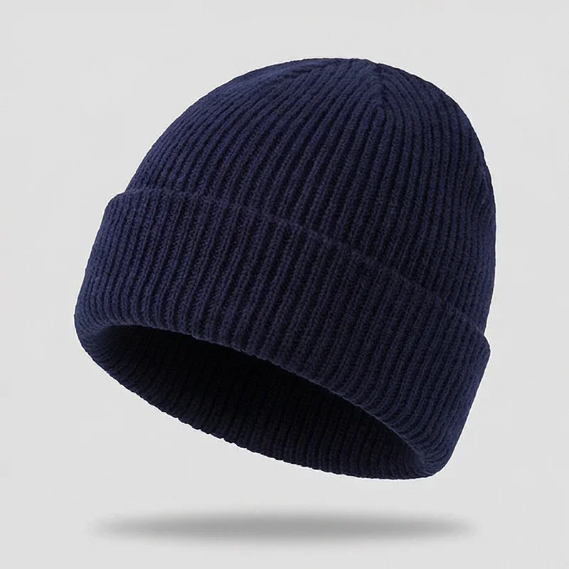 Navy plain rib knit beanie with a folded cuff