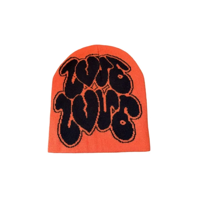 Orange knit beanie with large black rounded lettering