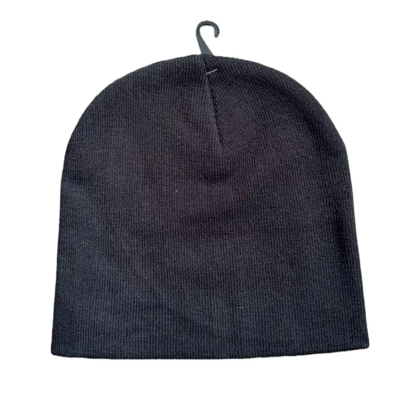 Black straight-profile knit beanie without folded cuff