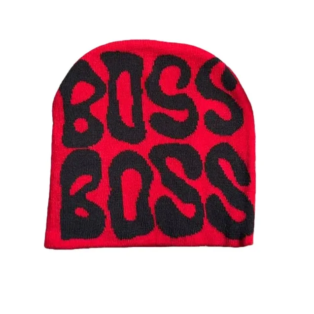 Red knit beanie with oversized black lettering