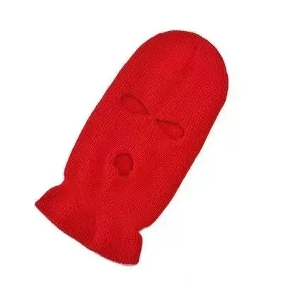Red three opening knit face covering laid flat