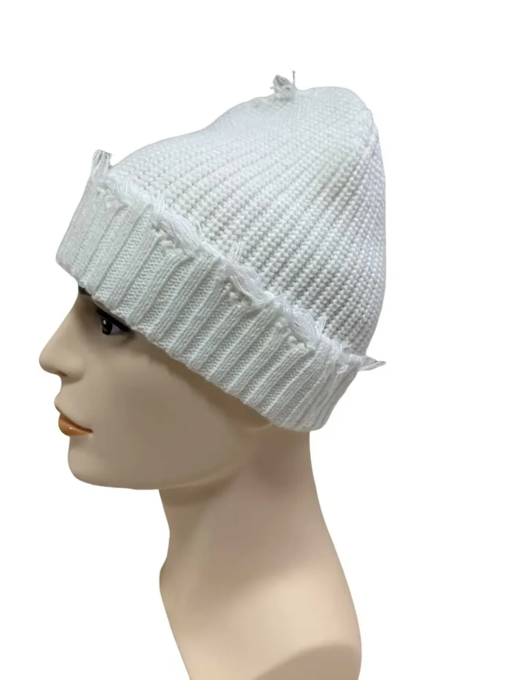 Side view of white distressed rib-knit beanie on a mannequin